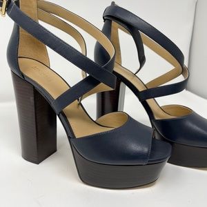 Brand New Michael by Michael Kors Navy and Wood Platform 5" Heels Size 8